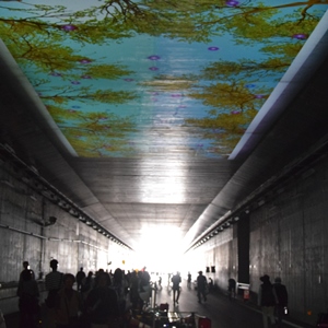 トンネルの天井に映像が投影されている様子