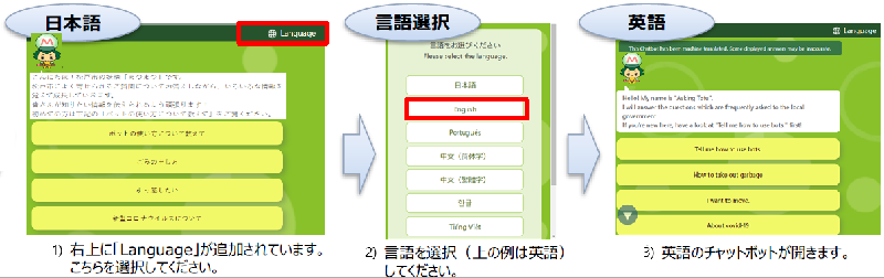 外国語への切り替え方法。右上にLanguegeが追加されています。こちらを選択してください。言語を選択してください。